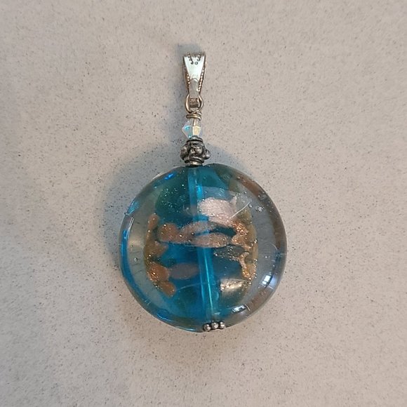 Blue Glass Pendant with Bronze Sparkle Detailing - Picture 4 of 6